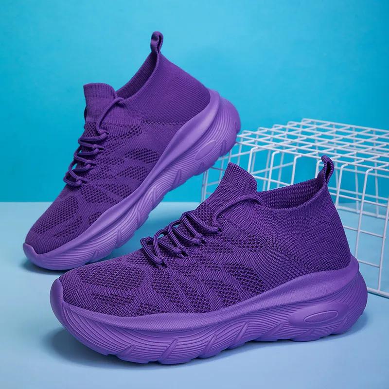 Mode tricot violet femmes chaussettes chaussures confort plate-forme chaussures de sport femmes form