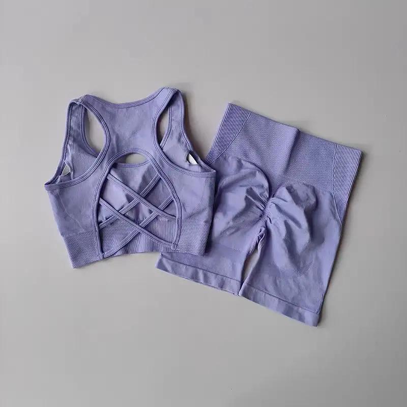 Ensemble yoga femme 2 pièces sans couture - Soutien-gorge sportif et short taille haute - Fitness