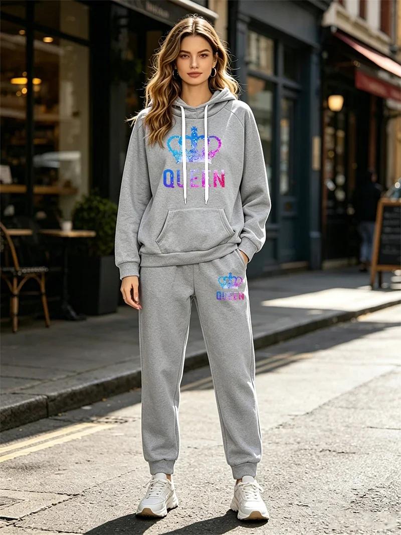 Ensemble de survêtement pour femme, imprimé Queen, sweat à capuche décontracté, 2 pièces, vêtements de sport d'extérieur, tenues, ensembles de pantalons tendance automne-hiver