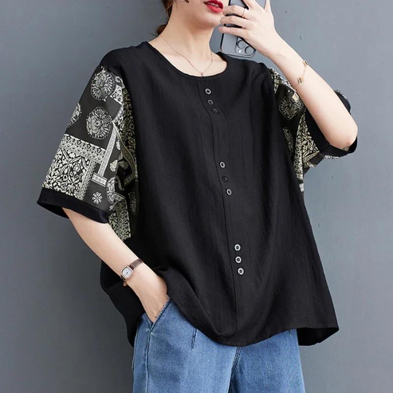Grande taille vêtements pour femmes ample demi manches coton lin T-shirt