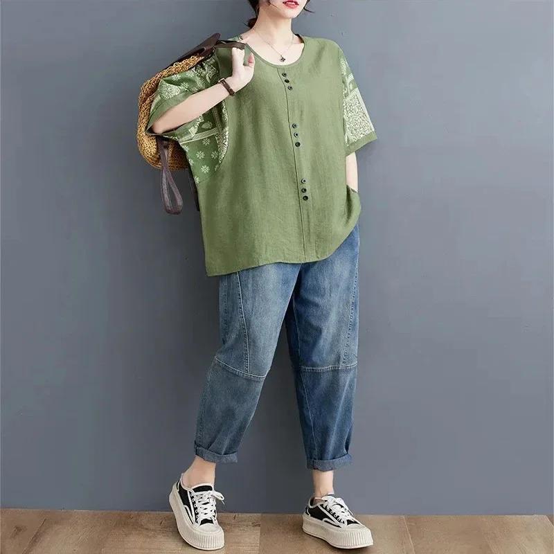 Grande taille vêtements pour femmes ample demi manches coton lin T-shirt