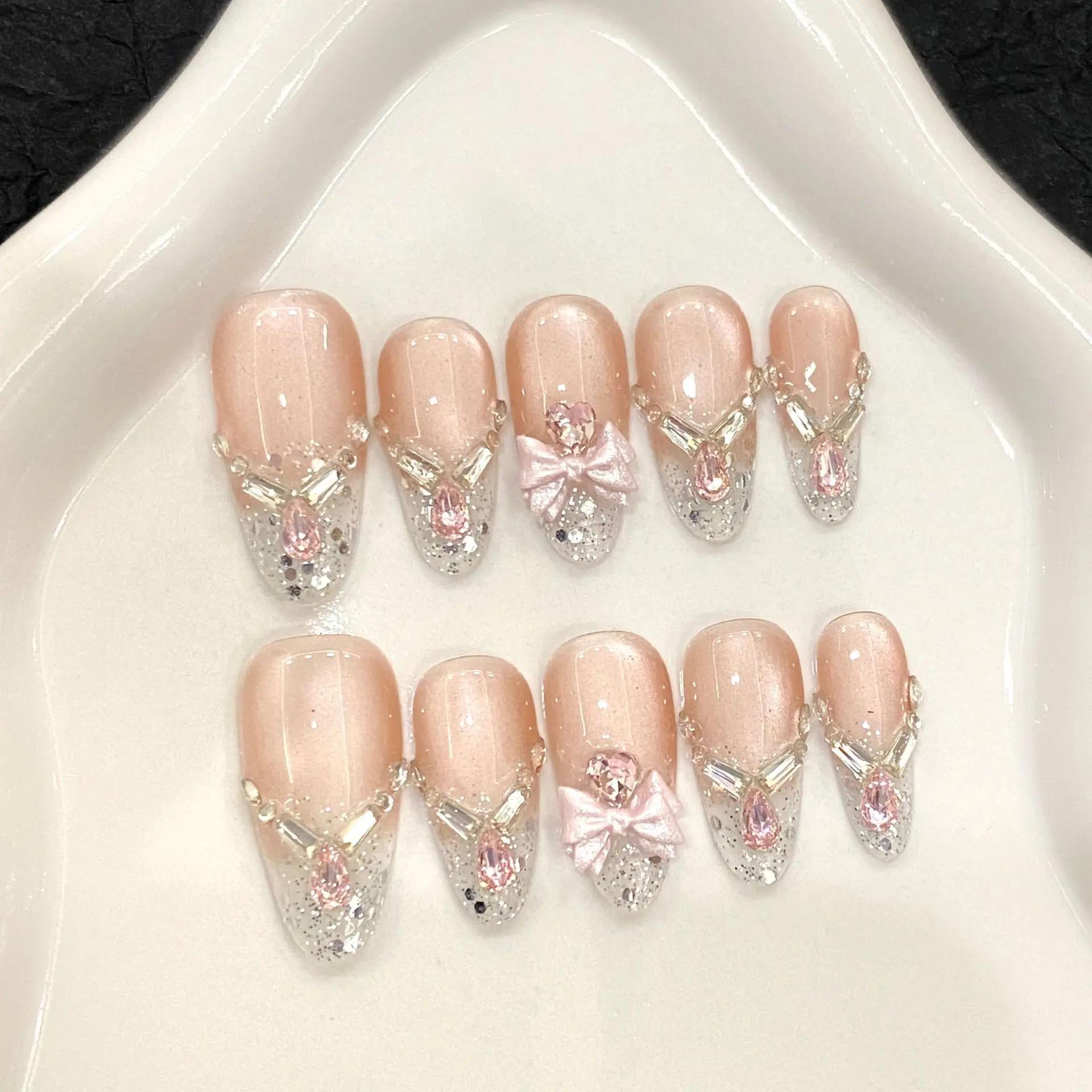 10 pièces rose oeil de chat faux ongles 3D papillon