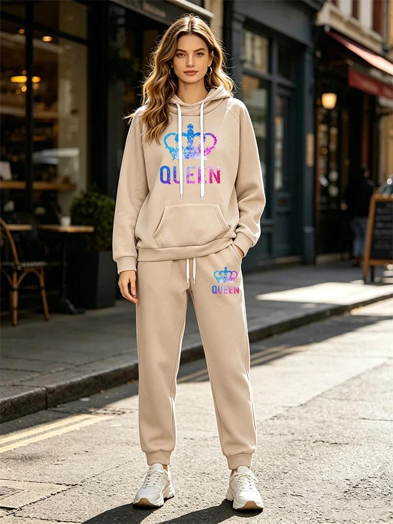 Ensemble de survêtement pour femme, imprimé Queen, sweat à capuche décontracté, 2 pièces, vêtements de sport d'extérieur, tenues, ensembles de pantalons tendance automne-hiver