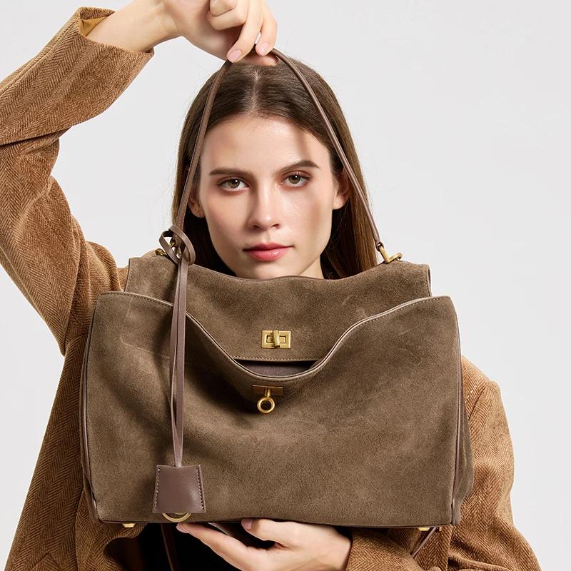 Sac à main en daim et cuir véritable pour femmes