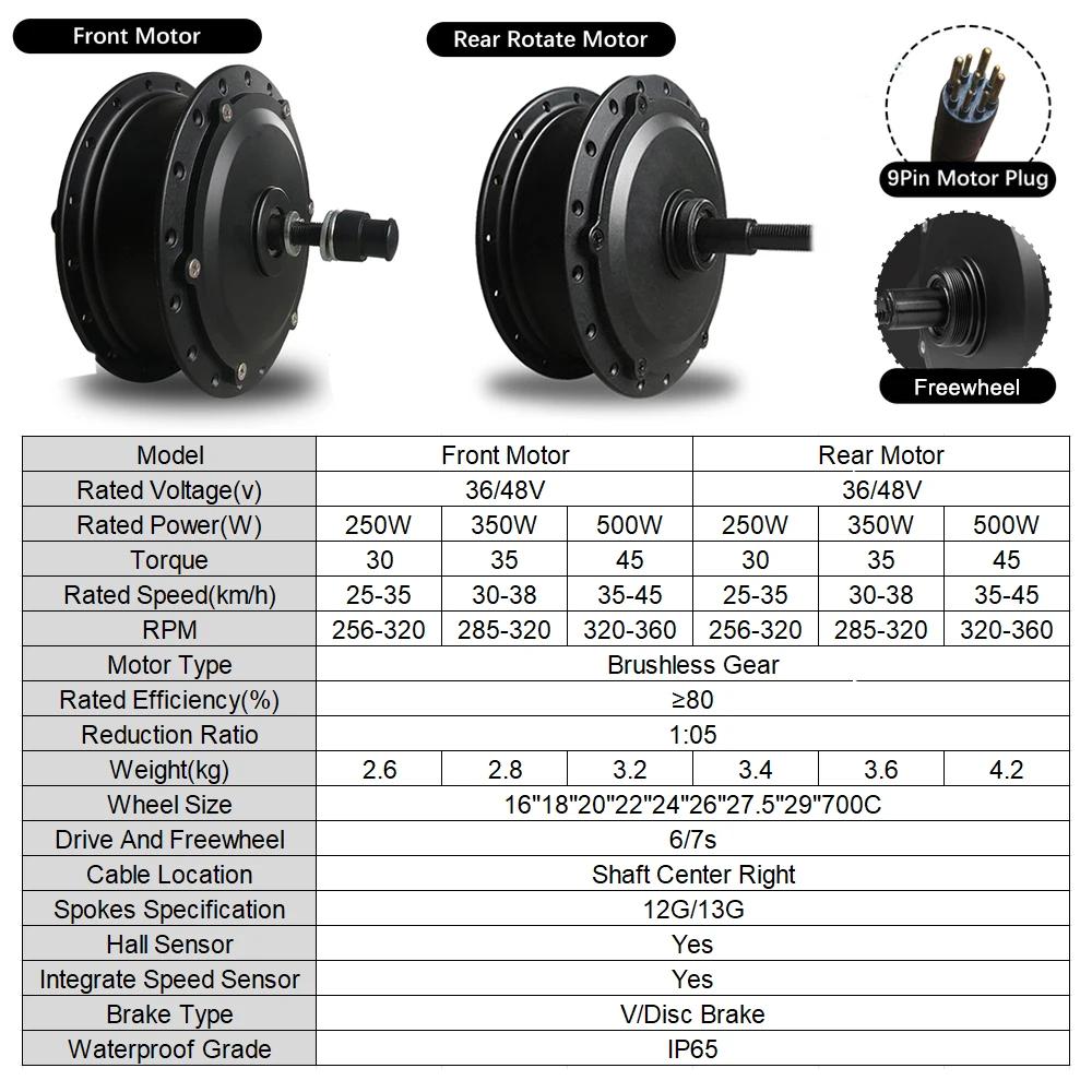 Moteur de moyeu sans balais à grande vitesse pour vélo électrique, roue libre avant et arrière, 36V, 250W, 350W, 48V, 500W