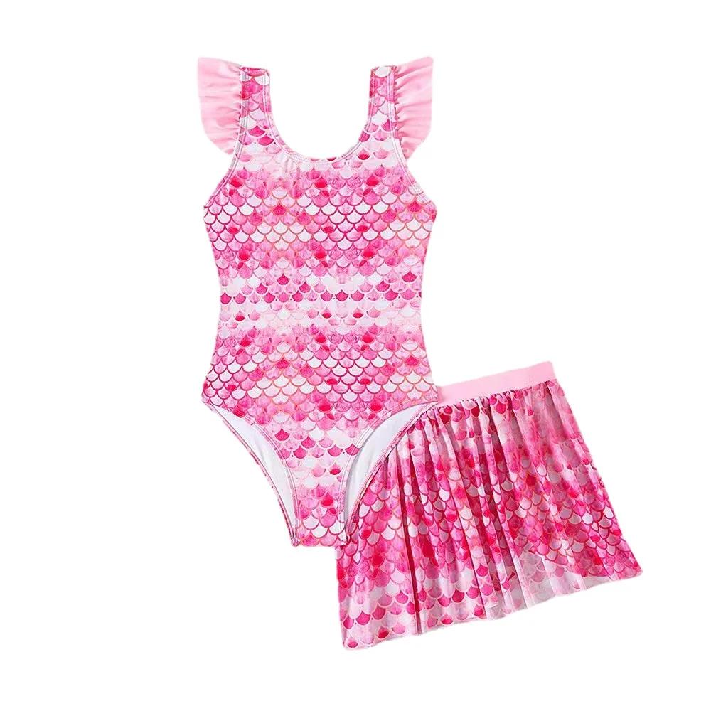 Maillot de bain une pièce avec jupe pour filles - Imprimé sirène rose plage été enfants baignade