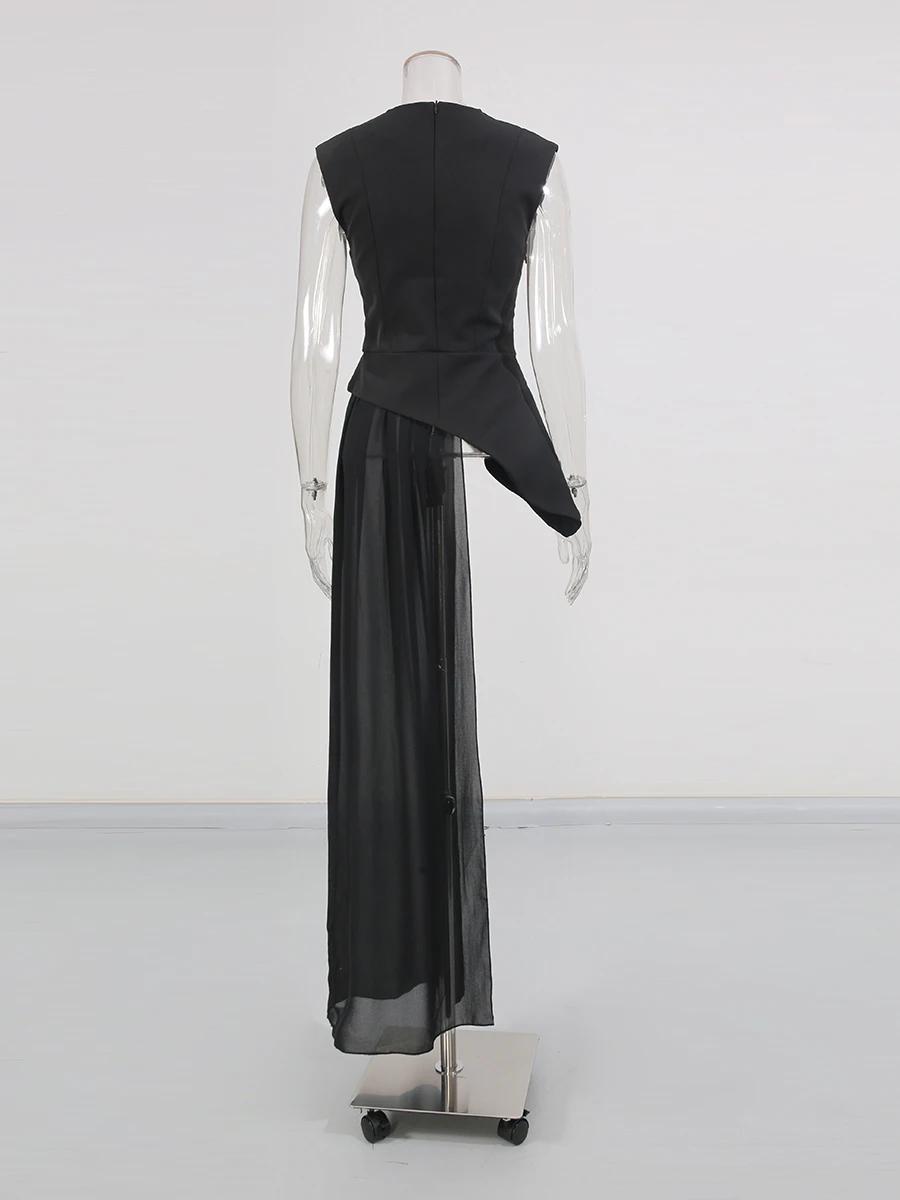 TWOTWINSTYLE solide minceur épissé plis Blouses irrégulières pour les femmes col rond sans manches taille haute longue B