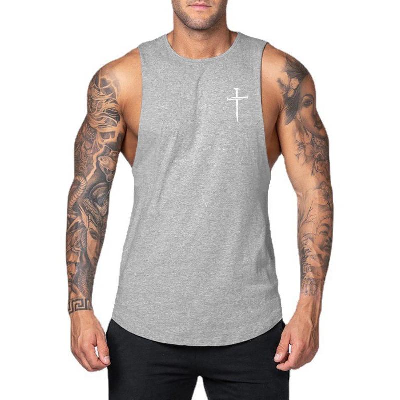 Vêtements de sport personnalisés imprimés croisés pour hommes, chemise sans manches pour entraînement musculaire, débardeur de musculation en coton, débardeur de Fitness