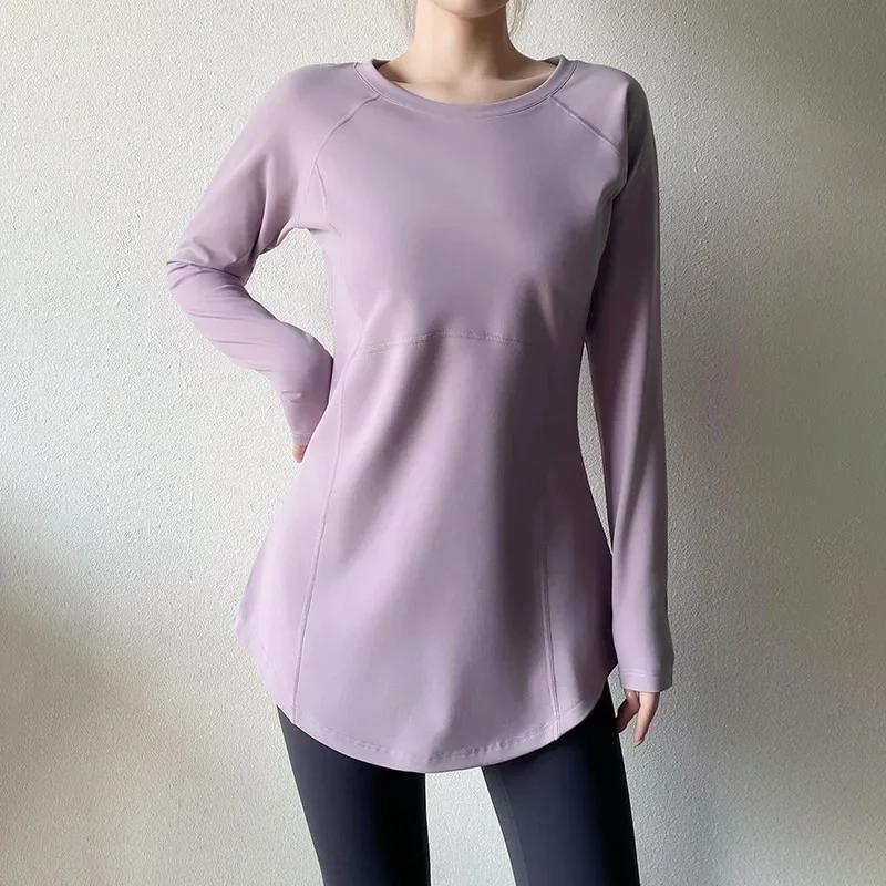 Haut de yoga en velours à manches longues pour femmes, chemise de base optique chaude, coupe couvertes, couvrant les hanches, style adt et long, fitness imbibé, hiver