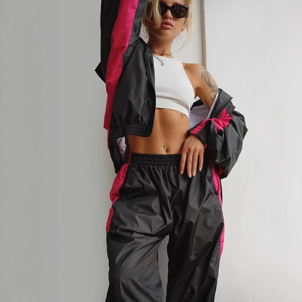 Survêtement femmes costume sportif 2 pièces Ensemble manteau pantalon tenues Patchwork taille élastique