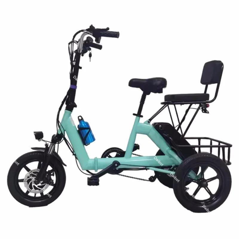 Vélo électrique pliant pour adultes, tricycle électrique à trois roues, siège passager, grand panier, 14 pouces, 48V, 350W