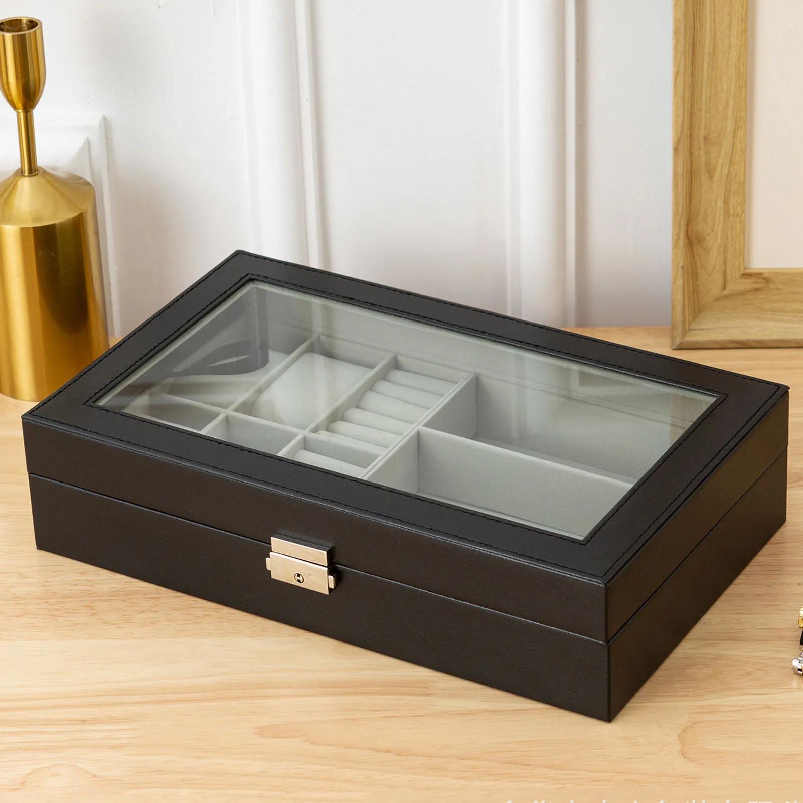 Boîte à bijoux pour hommes, organisateur polyvalent pour montres, lunettes et bagues, étui à bijoux avec décoration métallique, boîte à lunettes pour hommes