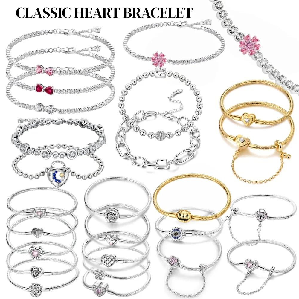 2025 Valentine nouveau 925 argent rose arc plein diamant Bracelet Original 17-20CM ajustement bricolage charme femmes an