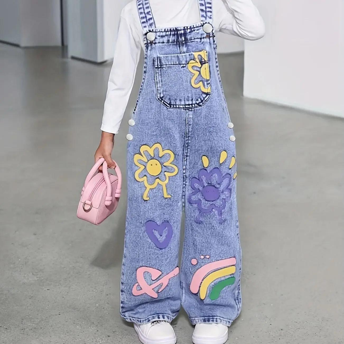 Pantalon en denim droit et ample imprimé motif tournesol Y2K pour fille