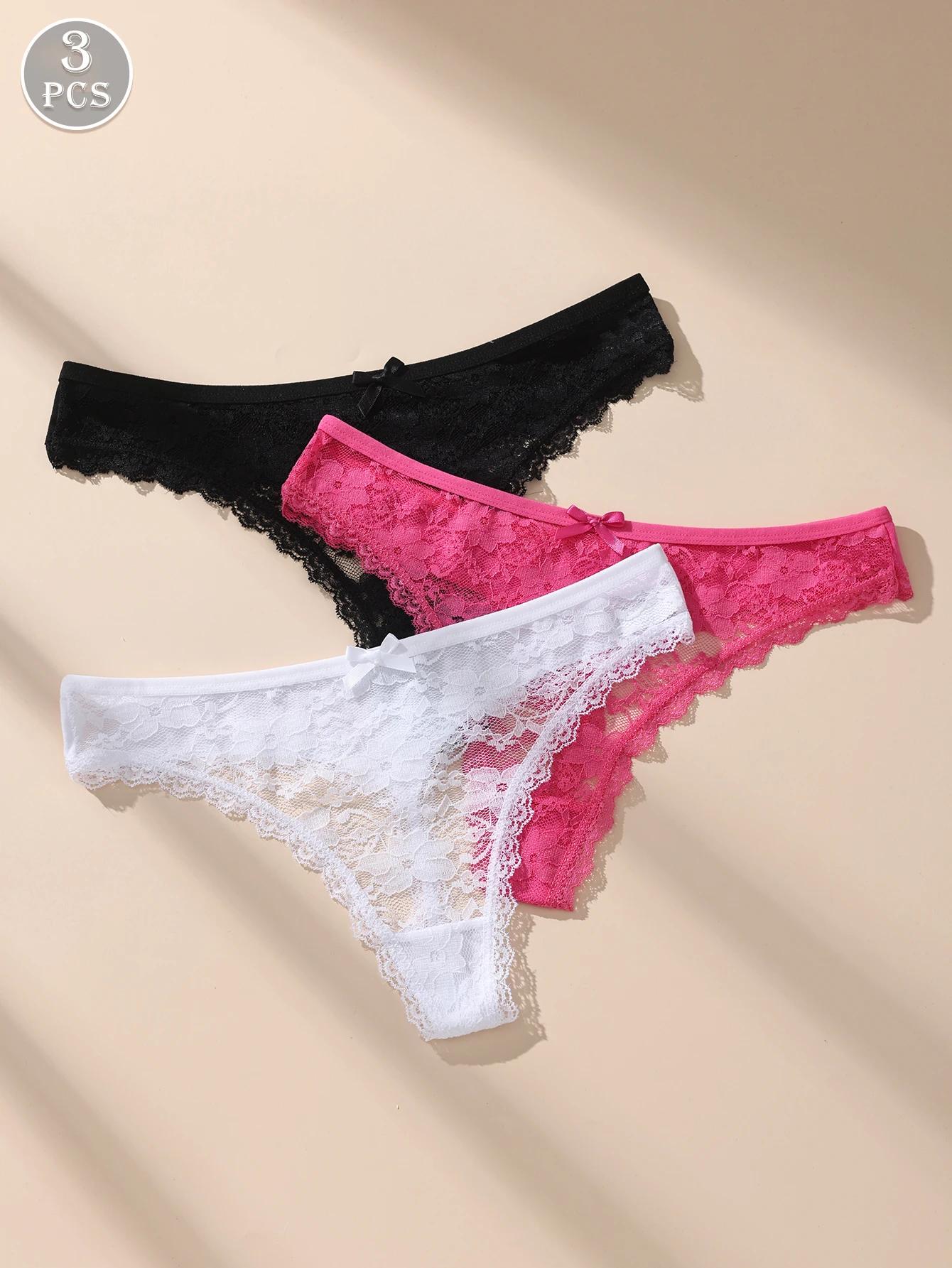 Awesomea 3 pièces de sous-vêtements avec nœud en dentelle pour femme – Culotte taille basse douce et confortable – Slip léger respirant, extensible et sans couture