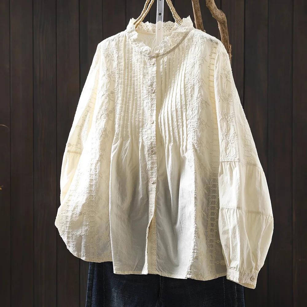 Vêtements de marque de luxe pour femmes, col montant, blanc, beige, bleu, dentelle brodée, chemises et chemisiers plissés, haut en pur coton pour dames, 2026
