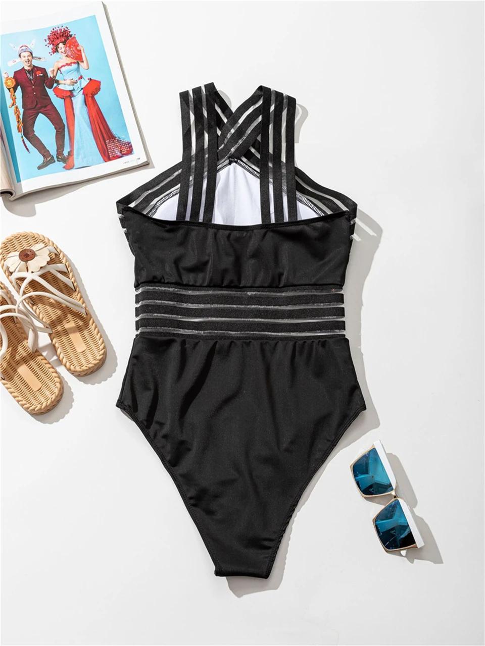 Maillot de bain une pièce bande maille unie - Sexy col haut croisé devant - Rembourré plage femme 2025