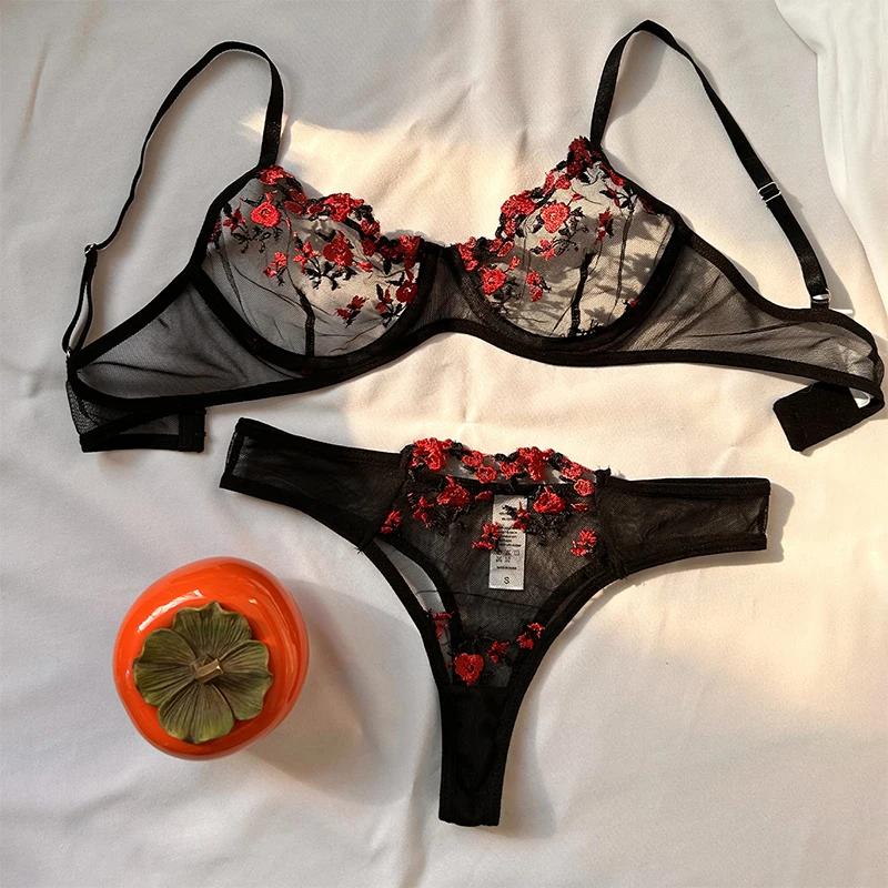 Soutien-gorge brodé transparent à petites fleurs pour femmes, sous-vêtements sexy, lingerie chaude, culottes intimes, ensemble de vêtements deux pièces