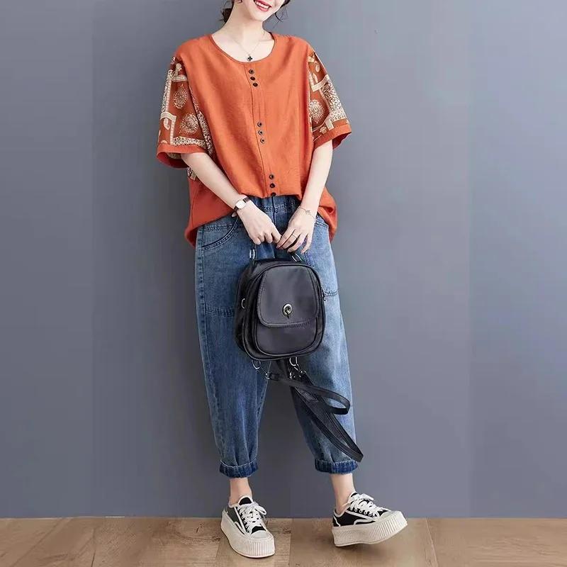 Grande taille vêtements pour femmes ample demi manches coton lin T-shirt