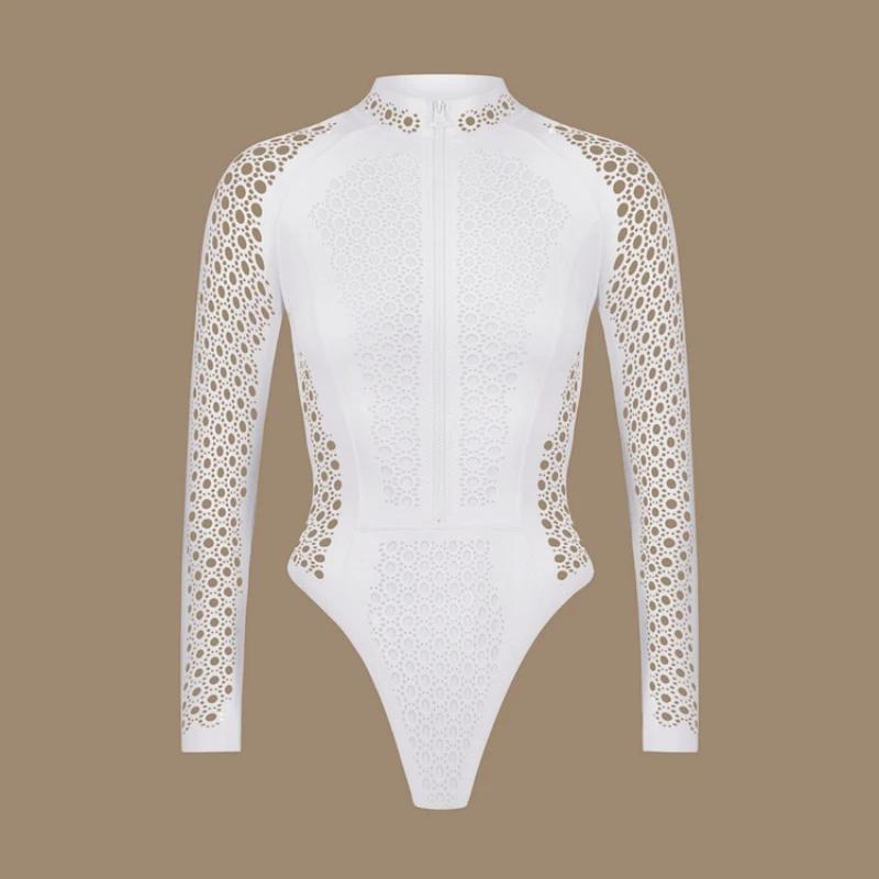 Maillot de bain femme manches longues blanc 2024 - Une pièce sexy fermeture éclair maille monokini plage