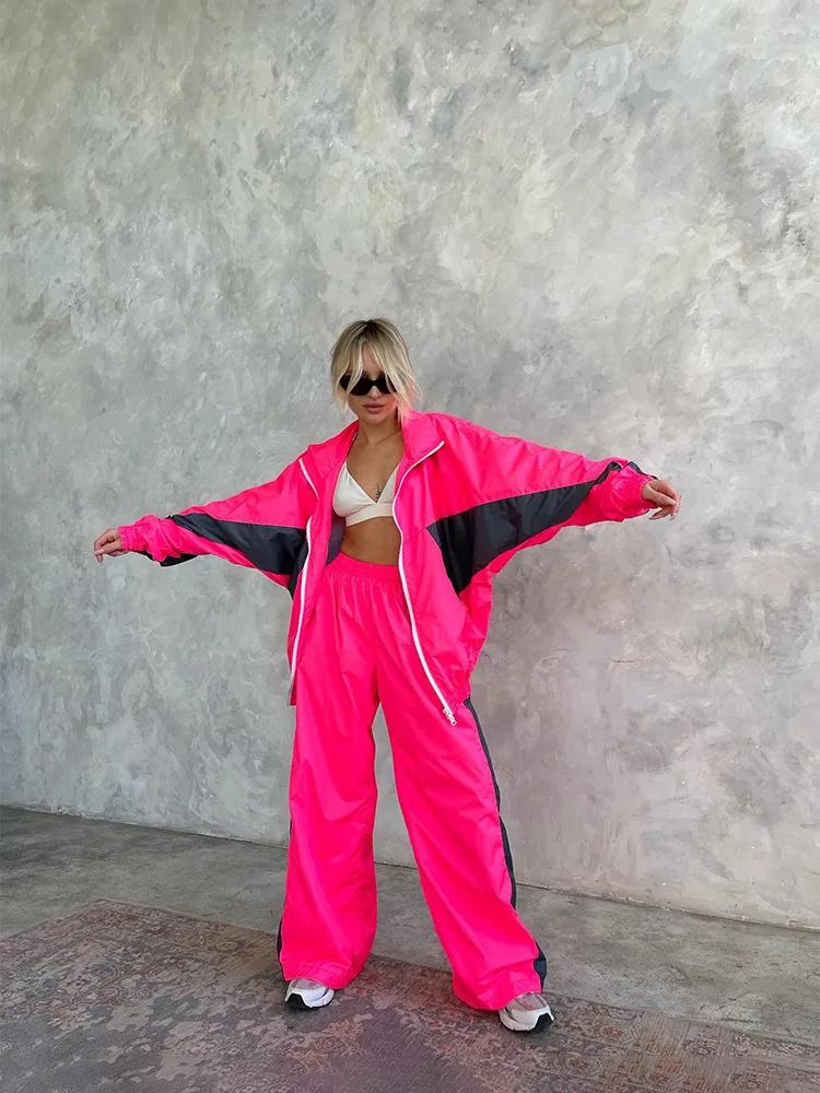 Survêtement femmes costume sportif 2 pièces Ensemble manteau pantalon tenues Patchwork taille élastique