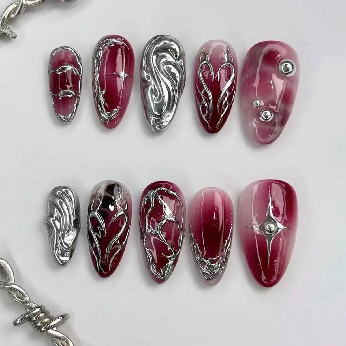 24 pièces faux ongles fille épicée arc argenté avec diamant