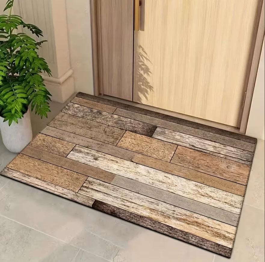Tapis de porte extérieur durable avec motif bois rustique, idéal pour terrasse, camping-car et jardin