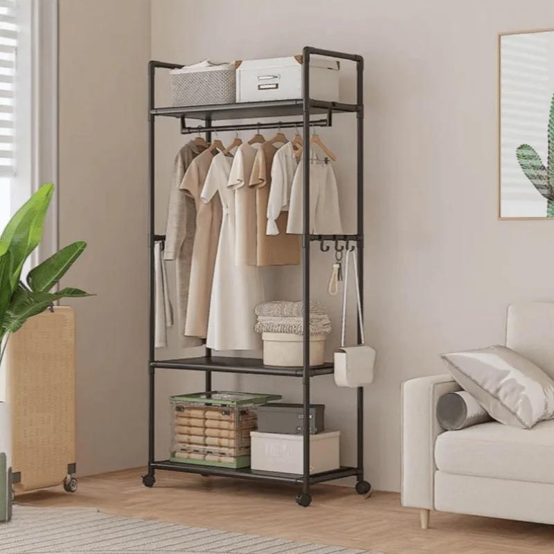 Support de rangement pour vêtements avec roulettes, crochets et étagères, organisateur peu encombrant, organisateur de vêtements autoportant Durable pour chambre à coucher