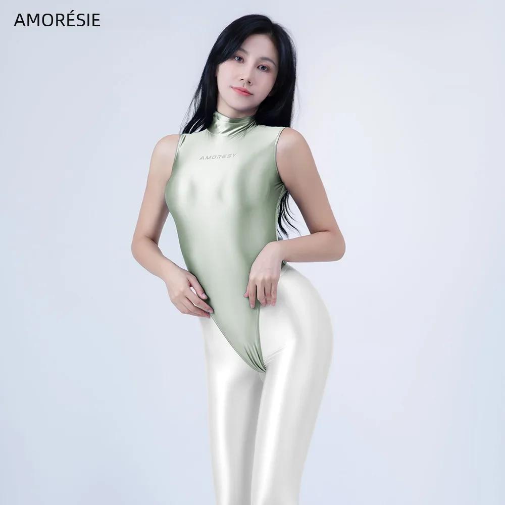 Maillot de bain une pièce brillant AMORESY - Body sans manches col montant string extra haute fermeture éclair dos