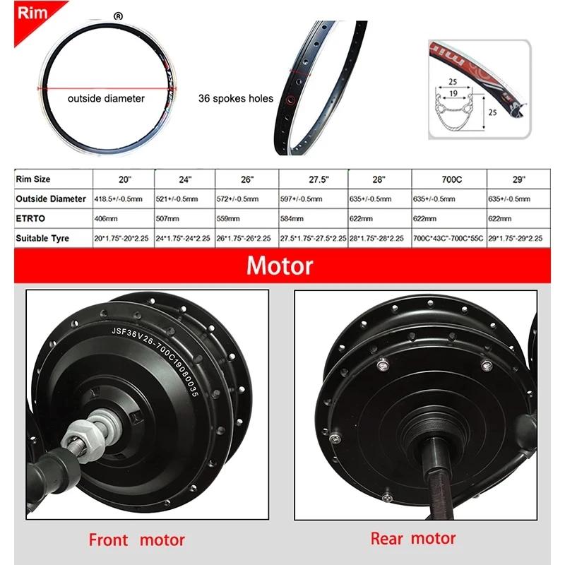 Moteur de moyeu de vélo électrique 36V 48V 250W 350W 500W 1500W 2000W 20 24 26 27.5 28 29 pouces 700C roue