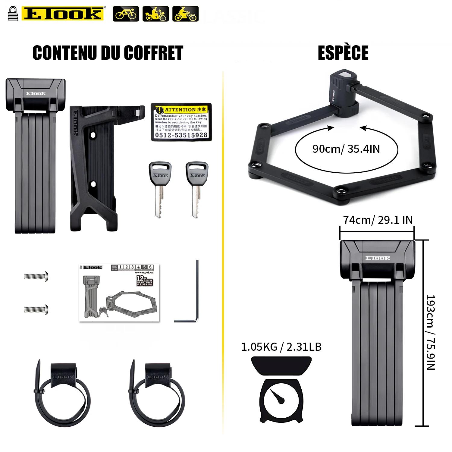 Serrure anti-vol pliable ETOOK pour vélo VTT scooter moto - Acier allié robuste anti-cisaillement hydraulique