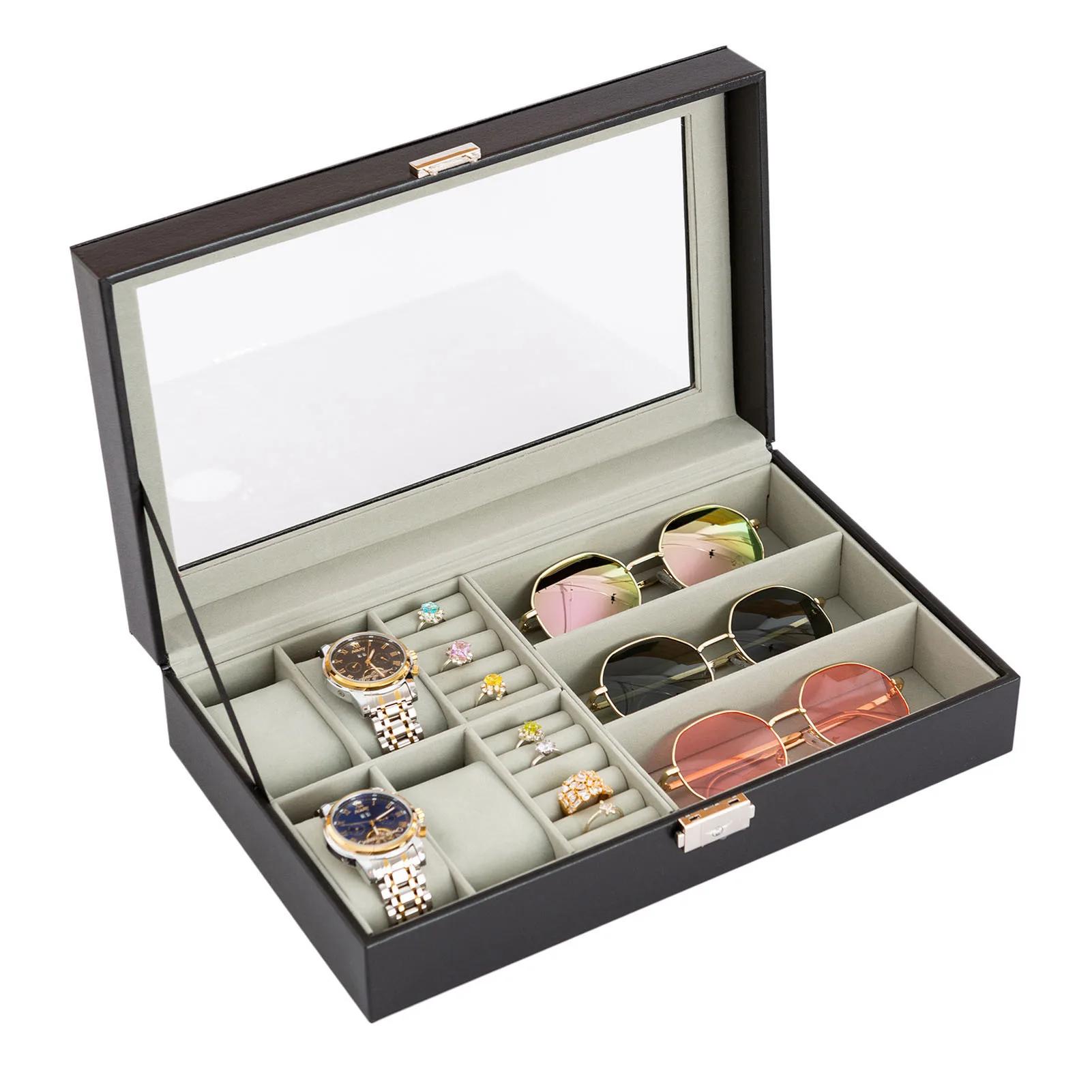 Boîte à bijoux pour hommes, organisateur polyvalent pour montres, lunettes et bagues, étui à bijoux avec décoration métallique, boîte à lunettes pour hommes
