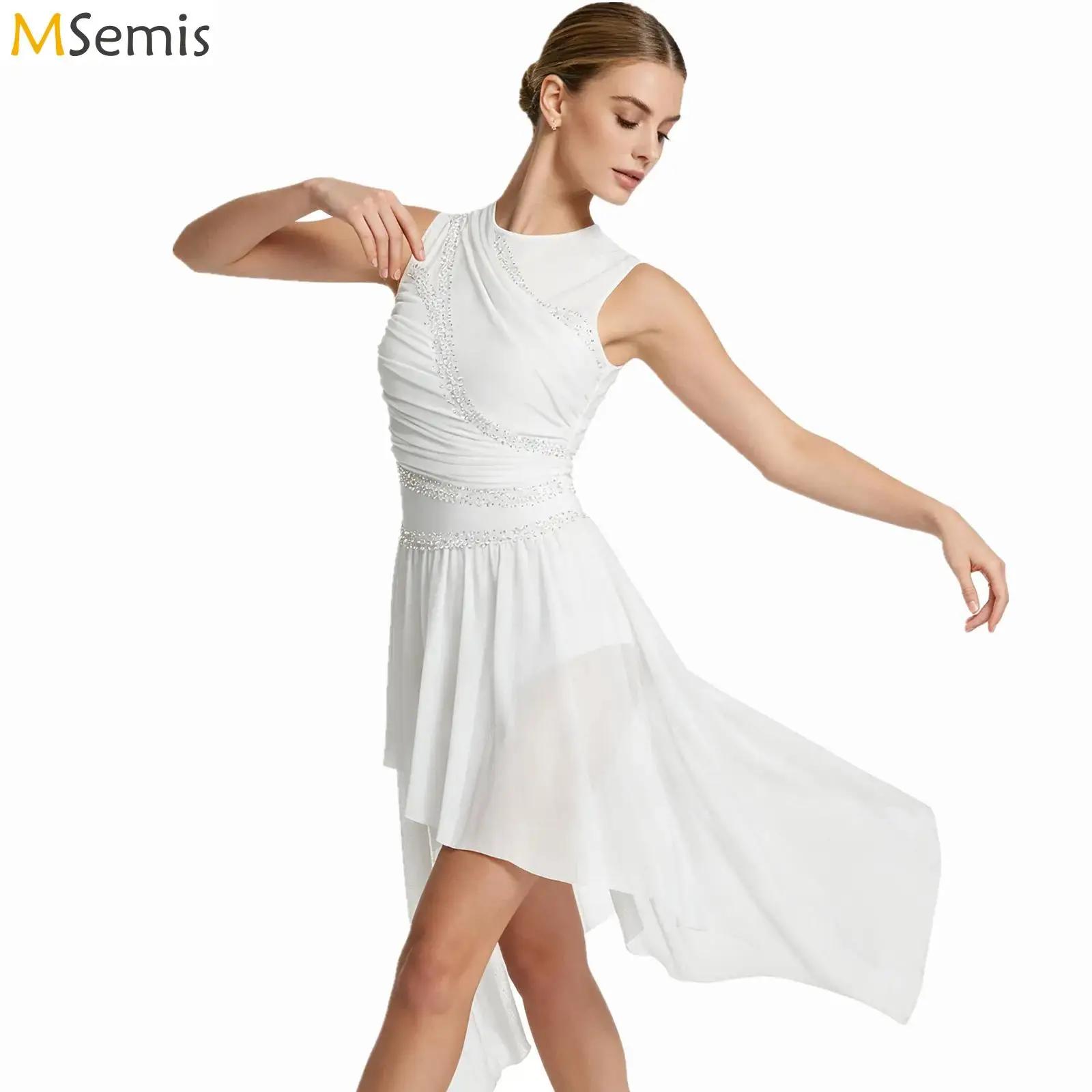 Femmes brillant strass robe de patinage artistique justaucorps de gymnastique Costume maille transparente Ballet Tutu da