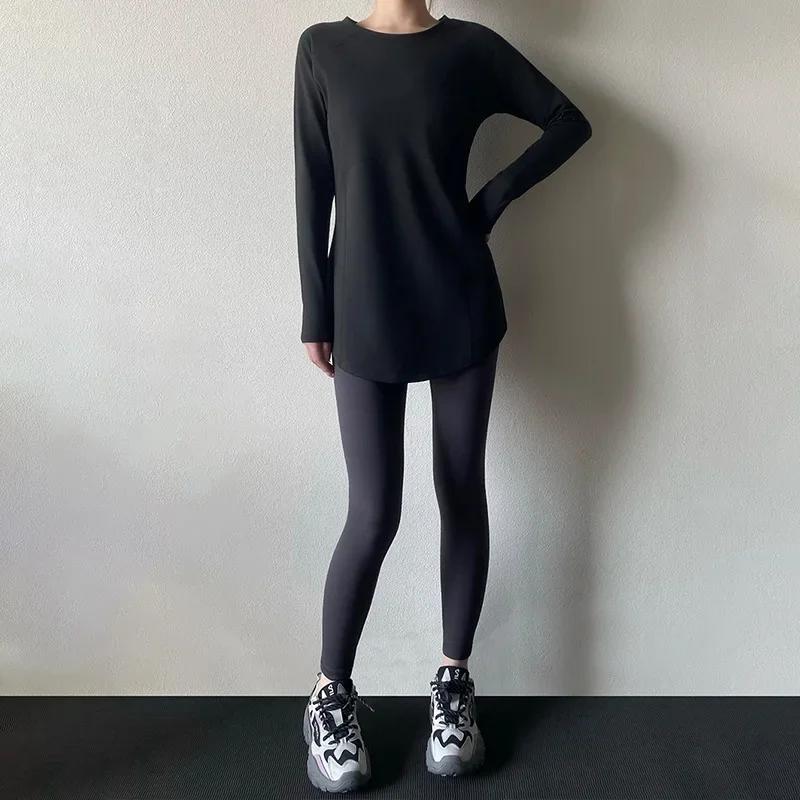 Haut de yoga en velours à manches longues pour femmes, chemise de base optique chaude, coupe couvertes, couvrant les hanches, style adt et long, fitness imbibé, hiver