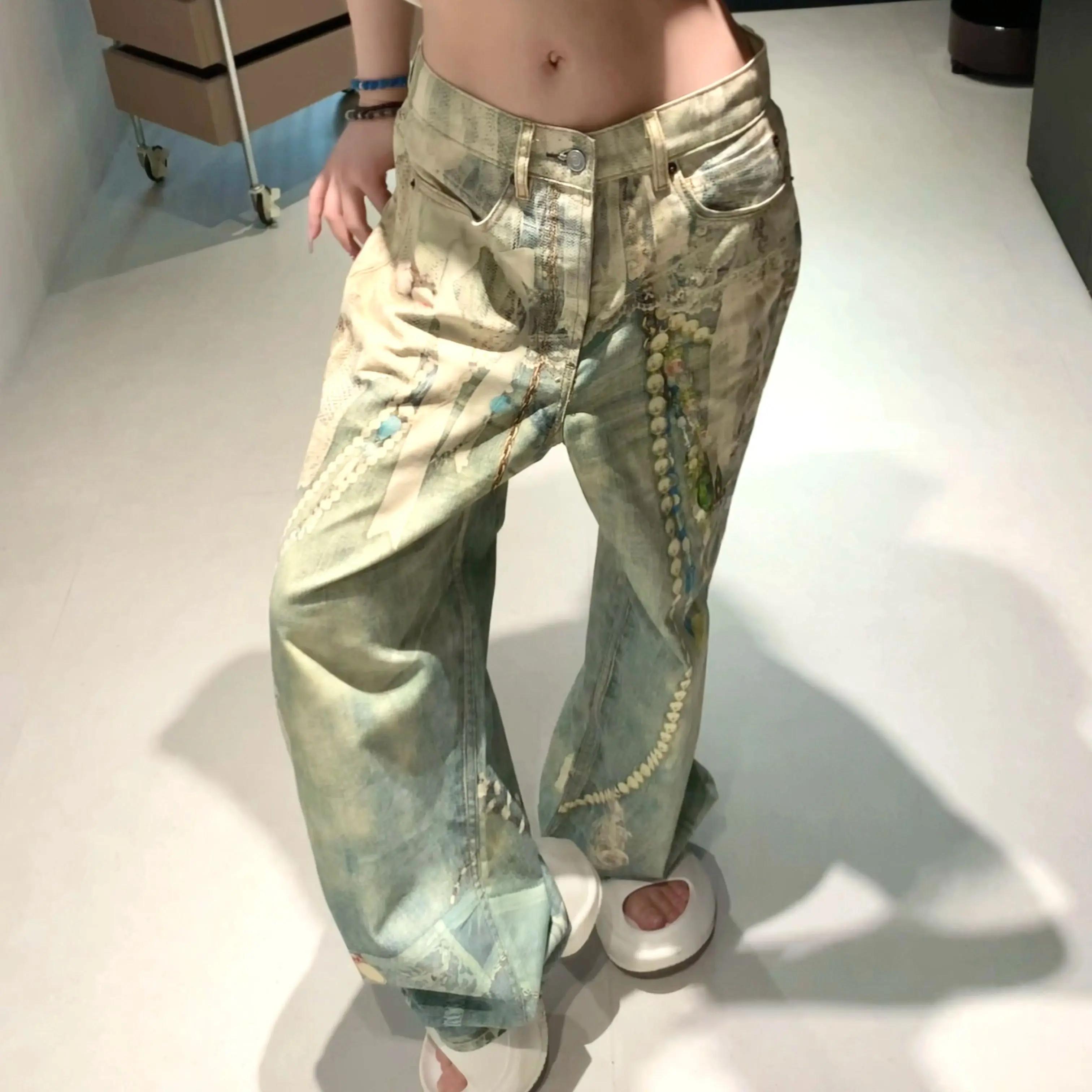 25SS dentelle perle chaîne trompe l'oeil 3D imprimé 1981 jambe droite jean pour hommes et femmes ropa hombre
