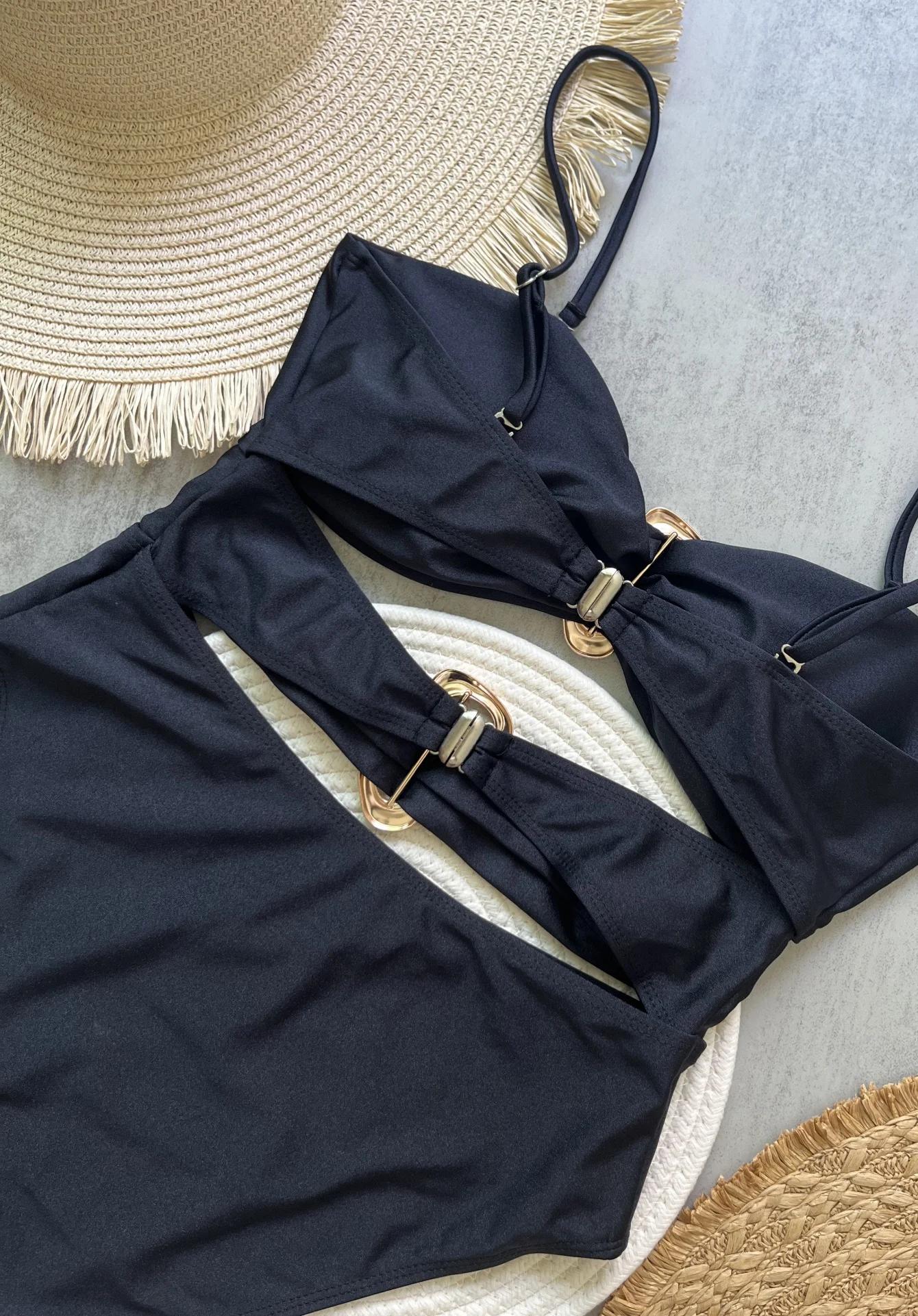 3 couleurs Sexy anneaux en métal découpé femmes maillots de bain une pièce maillot