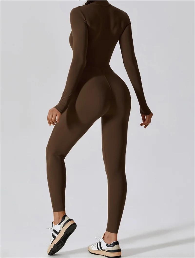 Combinaison yoga longue intégrée demi-zip - Vêtement sport femme couleur unie manches longues sexy
