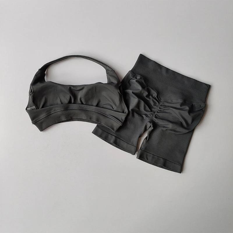 Ensemble fitness sexy licou cou dos nu taille haute soutien-gorge short Pilates Yoga