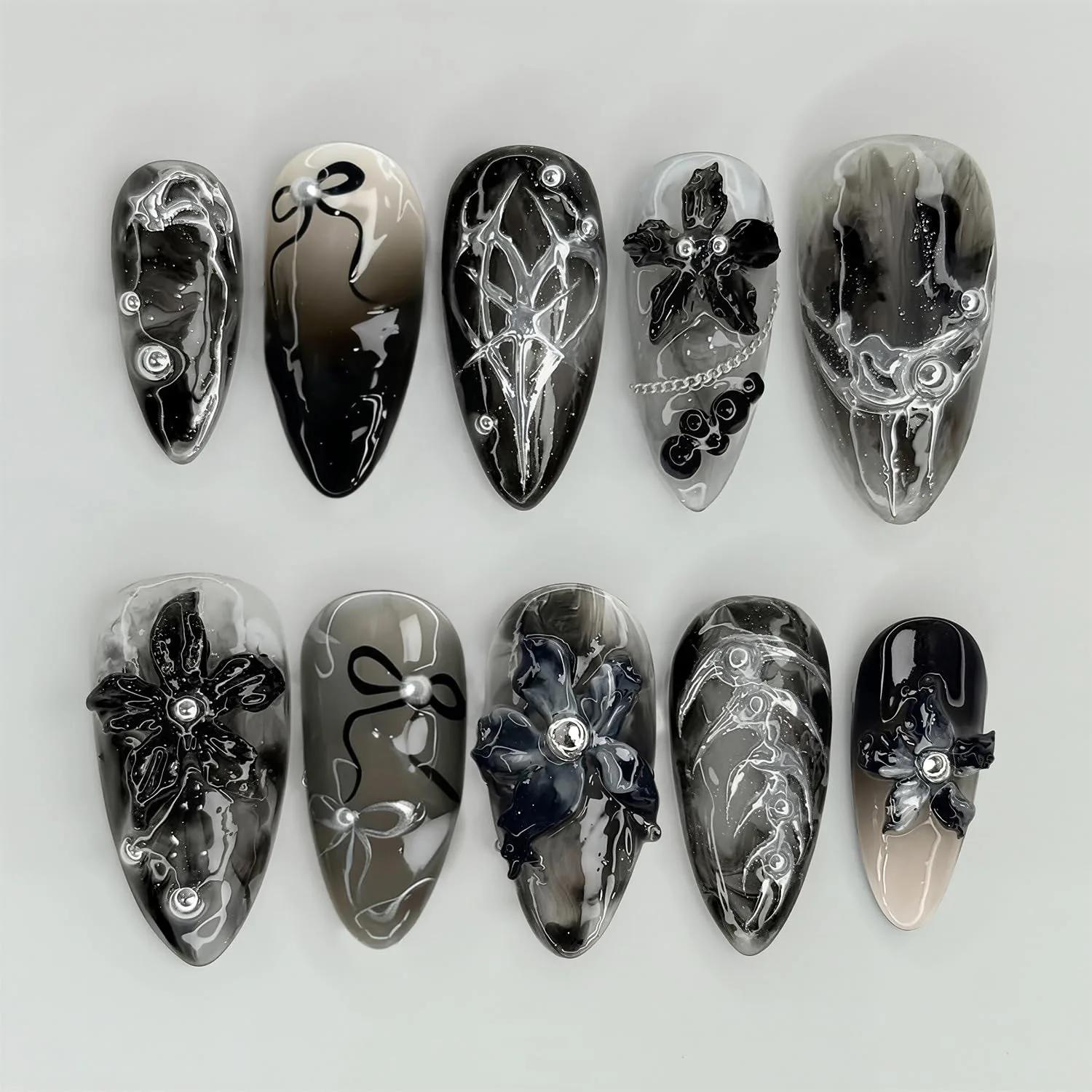 24 pièces faux ongles fille épicée arc argenté avec diamant