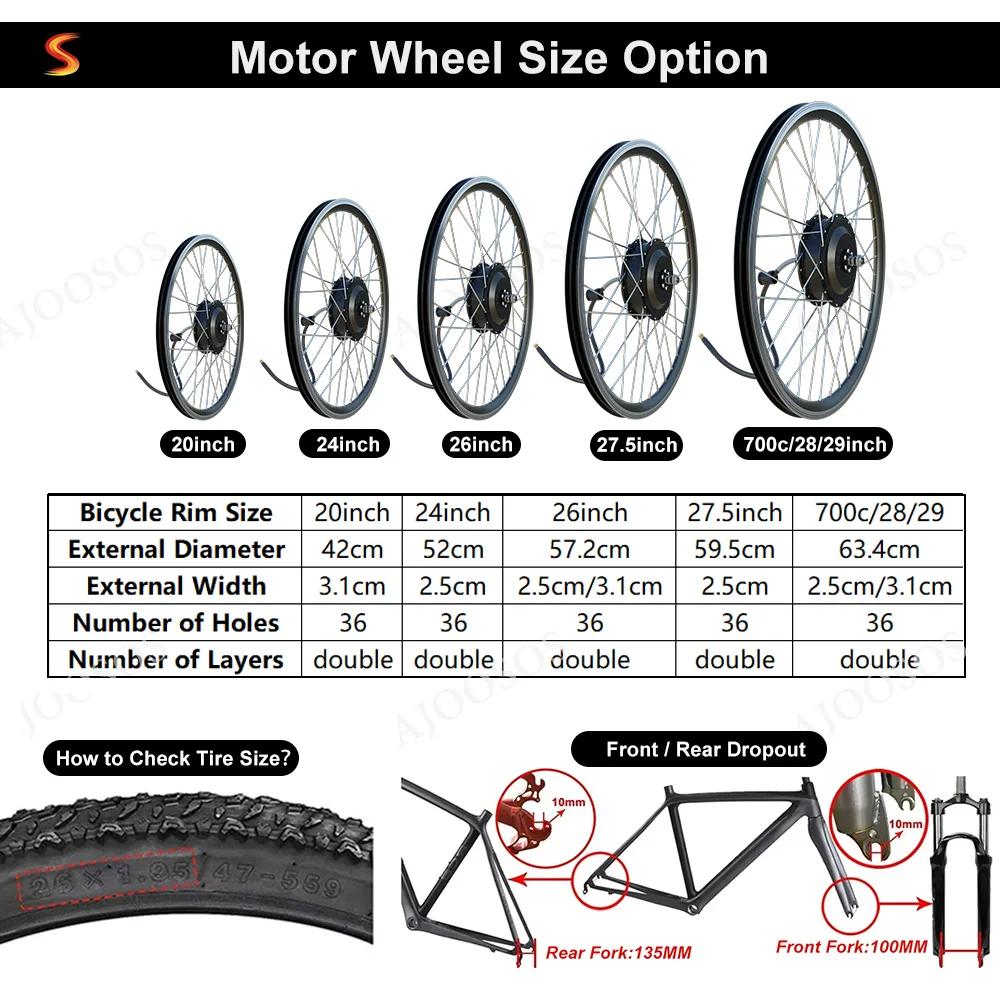 Moteur de moyeu de vélo électrique 36V 48V 250W 350W 500W 2000W 20 24 26 27.5 28 29 pouces 700C avant arrière pour roue