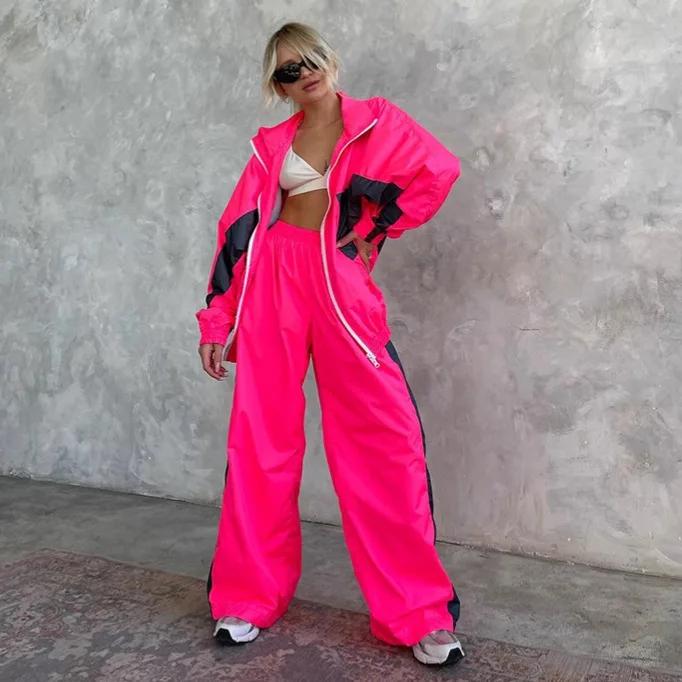 Survêtement femmes costume sportif 2 pièces Ensemble manteau pantalon tenues Patchwork taille élastique