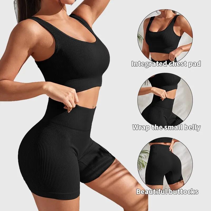 Ensemble de yoga 2 pièces sans couture femme - Short taille haute pour fitness et course
