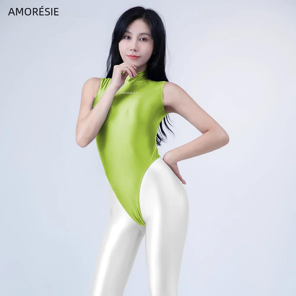 Maillot de bain une pièce brillant AMORESY - Body sans manches col montant string extra haute fermeture éclair dos