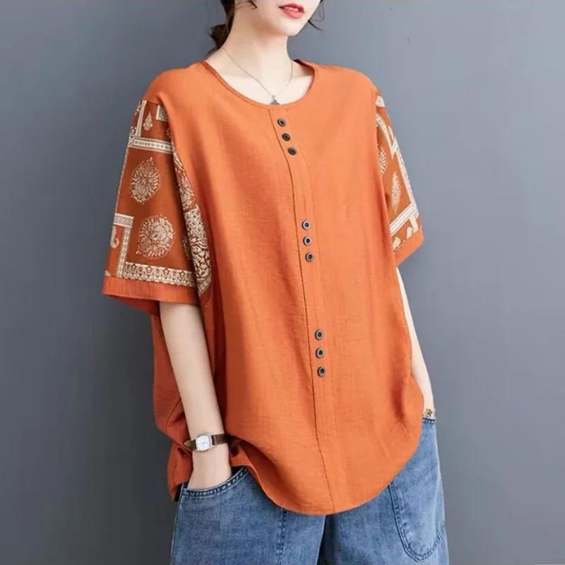 Grande taille vêtements pour femmes ample demi manches coton lin T-shirt