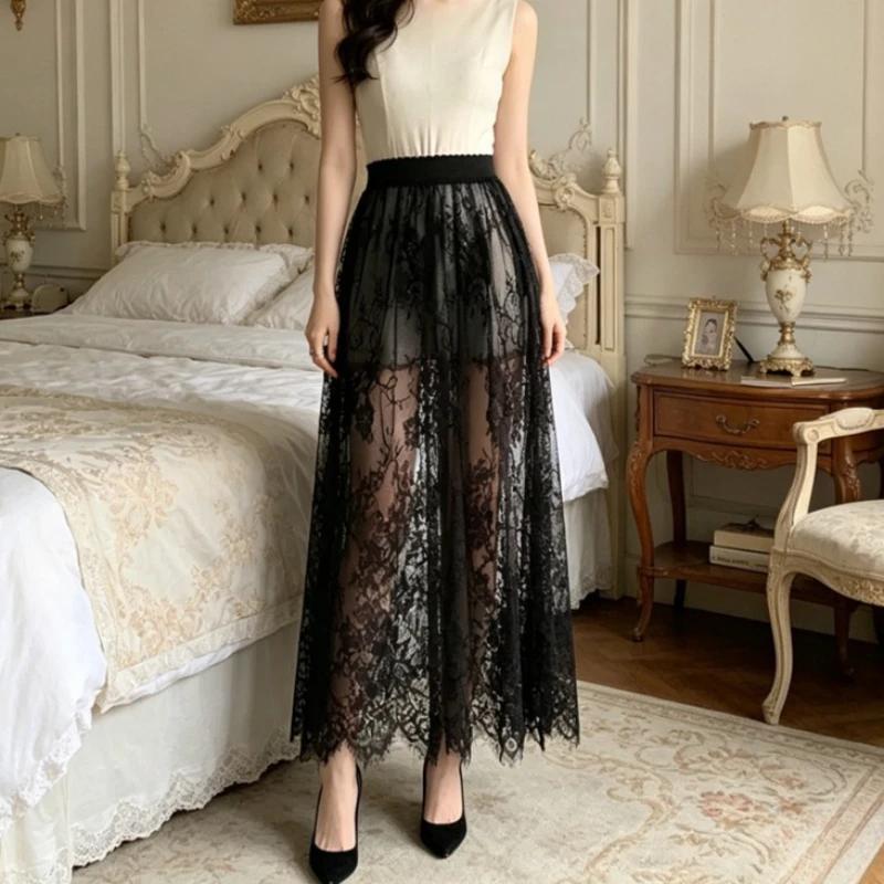 2 longueur élégante jupe noire dentelle blanche transparente longue