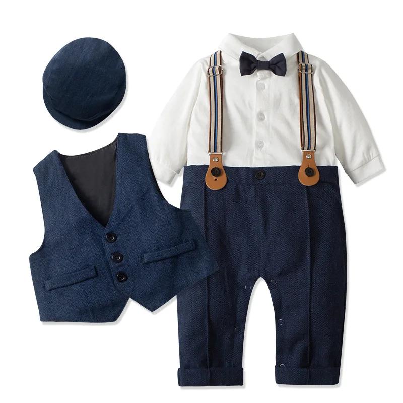 Bébé garçons Gentleman tenues costumes vêtements printemps et automne enfants une pièce barboteuses veste chapeau costume bébé garçon vêtements
