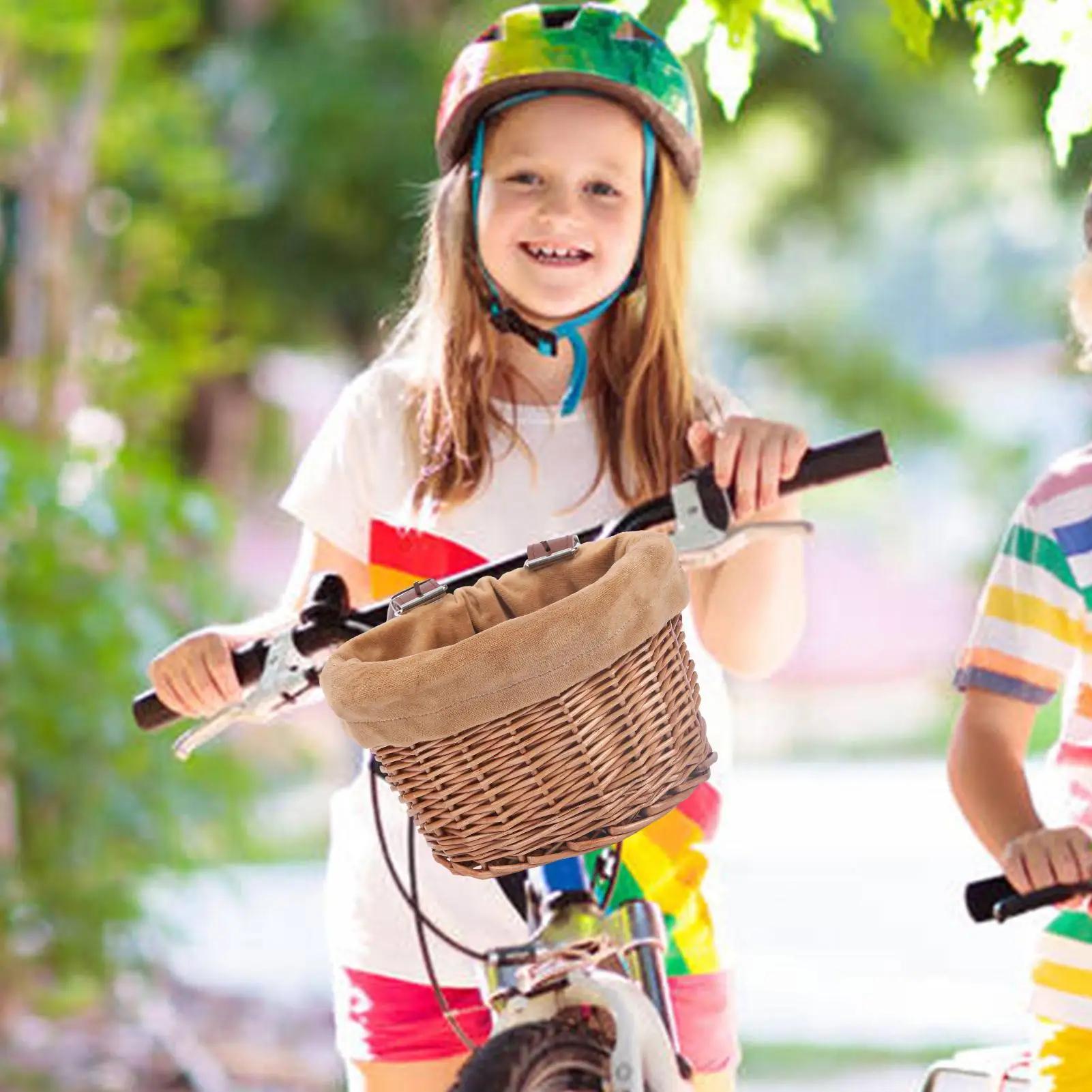 Panier de vélo pour enfants, panier avant en osier en forme de D avec 2 sangles en cuir réglables, imperméable, accessoire de cyclisme