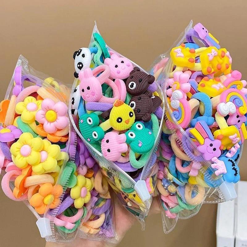 Bandes de cheveux élastiques en caoutchouc pour filles, 10/20 pièces/ensemble, dessin animé mignon, ne fait pas mal aux cheveux, petit chouchou pour enfants, attaches de cheveux douces, accessoires po