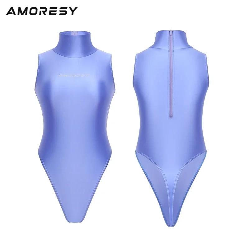 Maillot de bain une pièce brillant AMORESY - Body sans manches col montant string extra haute fermeture éclair dos