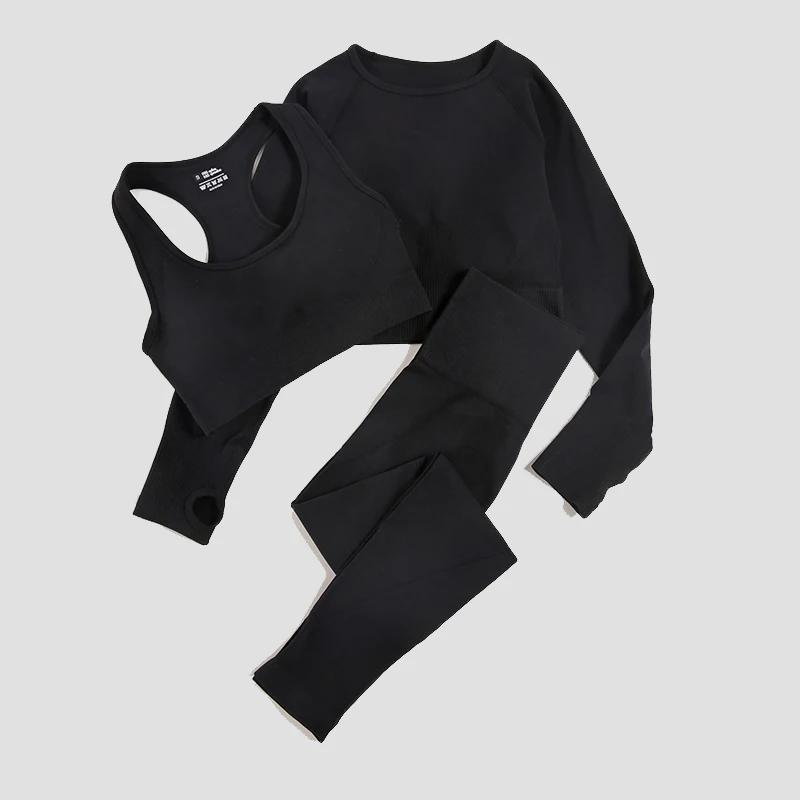 Combinaison Yoga Femme Sans Couture 2/3 Pièces - Haut Manches Longues Soutien-gorge Sport Leggings Course